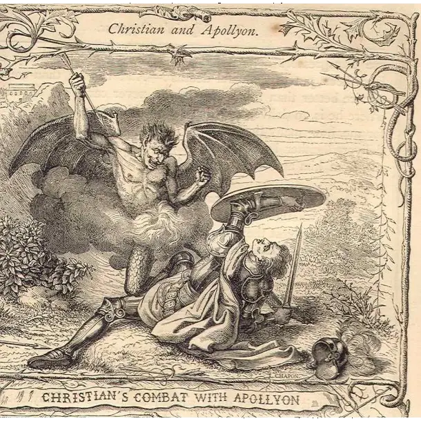Apollyon (top) battling Christian in John Bunyan's The Pilgrim's Progress