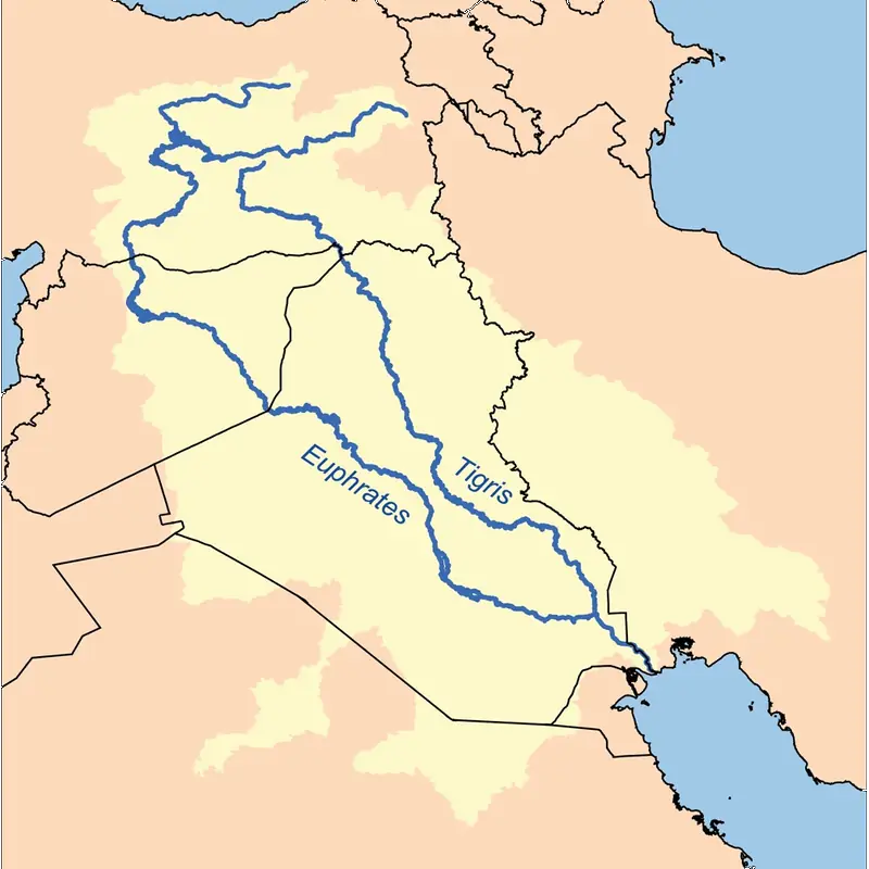 The Euphrates and Tigris Rivers flow (top left to bottom right) from Ararat (Turkey) through Aram (Syria), to Assyria (Iraq), and into the Persian Gulf.