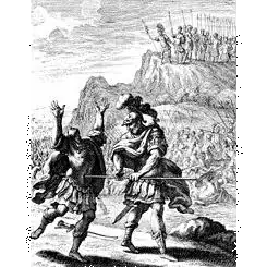 Woodcut of Abner killing Asahel, by Johann Christoph Weigel, 1695