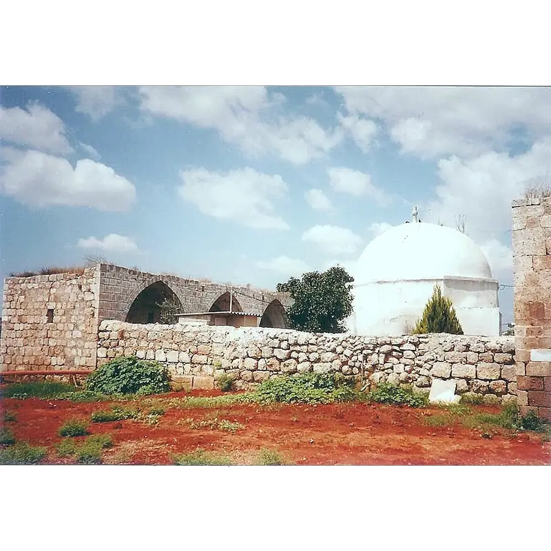 An exterior view of a Mamluk caravanserai complex, including the mausoleum of Nabi Yamin, traditionally believed to be the tomb of Benjamin, located outside Kfar Saba, Israel