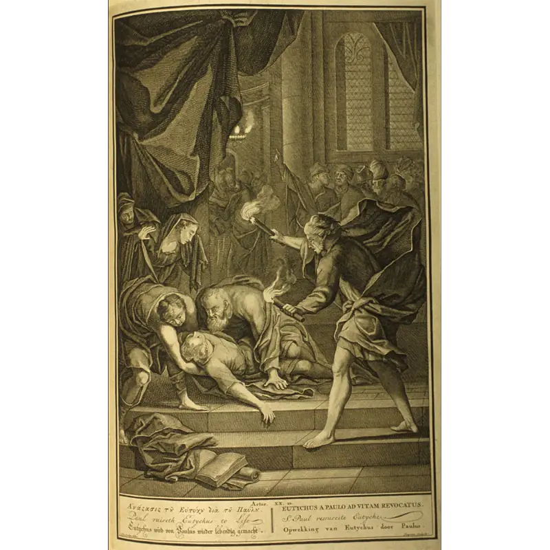 Paul raiseth Eutychus to life, from Figures de la Bible, 1728.