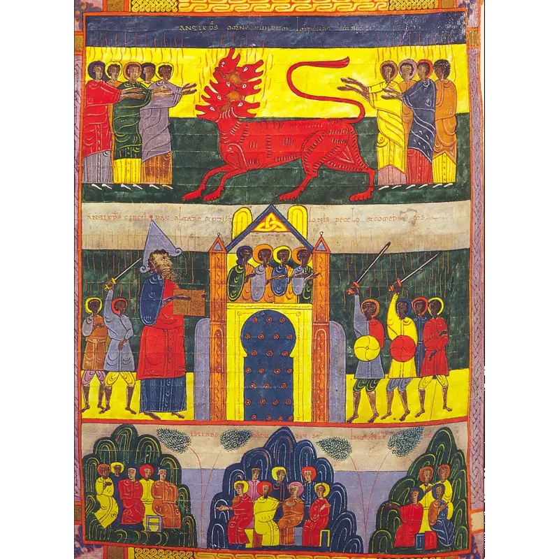 Beato de Facundo, manuscrito iluminado del siglo XI, Gog y Magog aparecen en la franja del medio, a izquierda del falso profeta (personaje que lleva un libro).