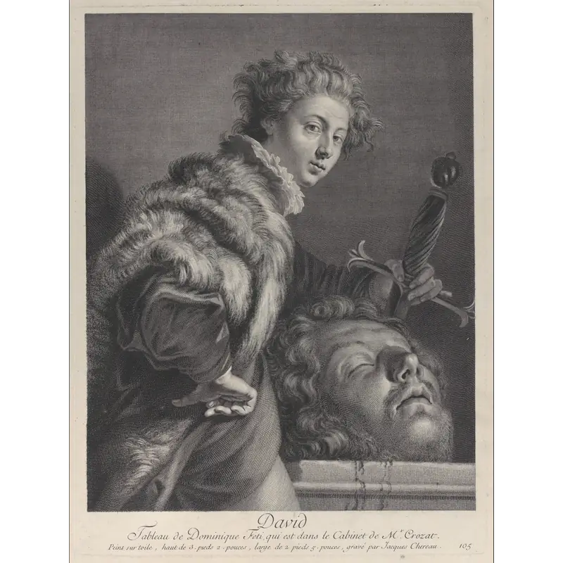 David, holding a sword and posing near the head of Goliath;Jacques II Chereau|Domenico Fetti, 1688–1776