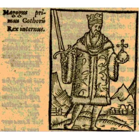 Illustration of Magog as the first king of Sweden, from Johannes Magnus' Historia de omnibus Gothorum Sueonumque regibus, 1554 ed.