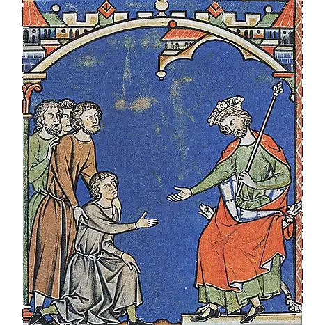 Illustration from the Morgan Bible of Mephibosheth kneeling before David.