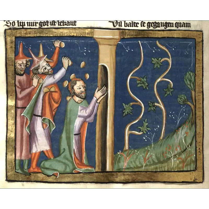 Naboth's stoning in front of the vineyard, Prague, 14th century