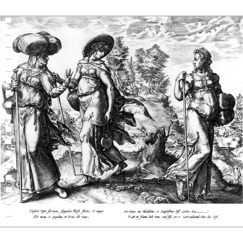 Orpah (right) leaving Ruth and Naomi. Engraving by Hendrik Goltzius, 1576.