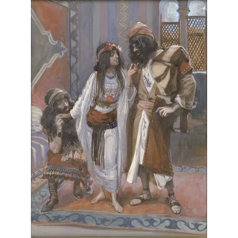 Rahab (center) in James Tissot's The Harlot of Jericho and the Two Spies.