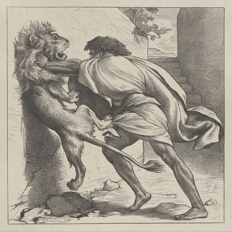 Samson and the Lion, from "Dalziels' Bible Gallery";Camden Press|Scribner and Welford|Dalziel Brothers|Frederic, Lord Leighton, 1830–1896