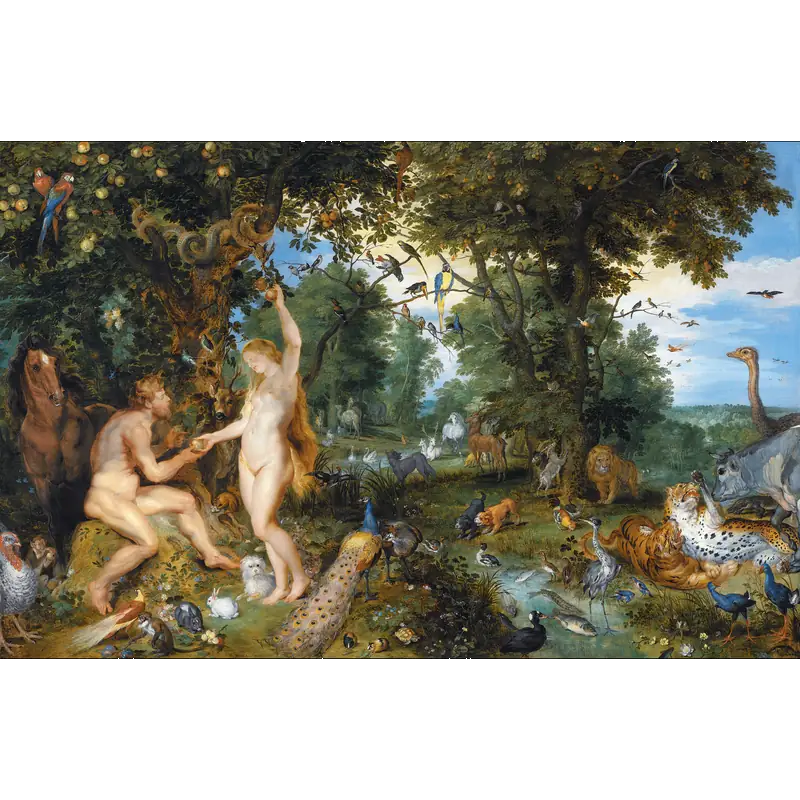 The Garden of Eden with the Fall of Man by Jan Brueghel the Elder and Pieter Paul Rubens, c. 1615, depicting Eve reaching for the forbidden fruit beside the Devil portrayed as a serpent